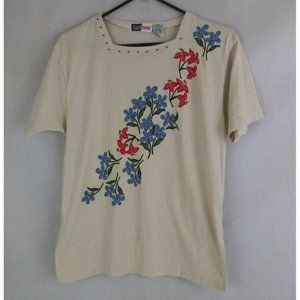 Lucia Petites Women's Square Neck Beaded Floral Embroidered Shirt Size PM
